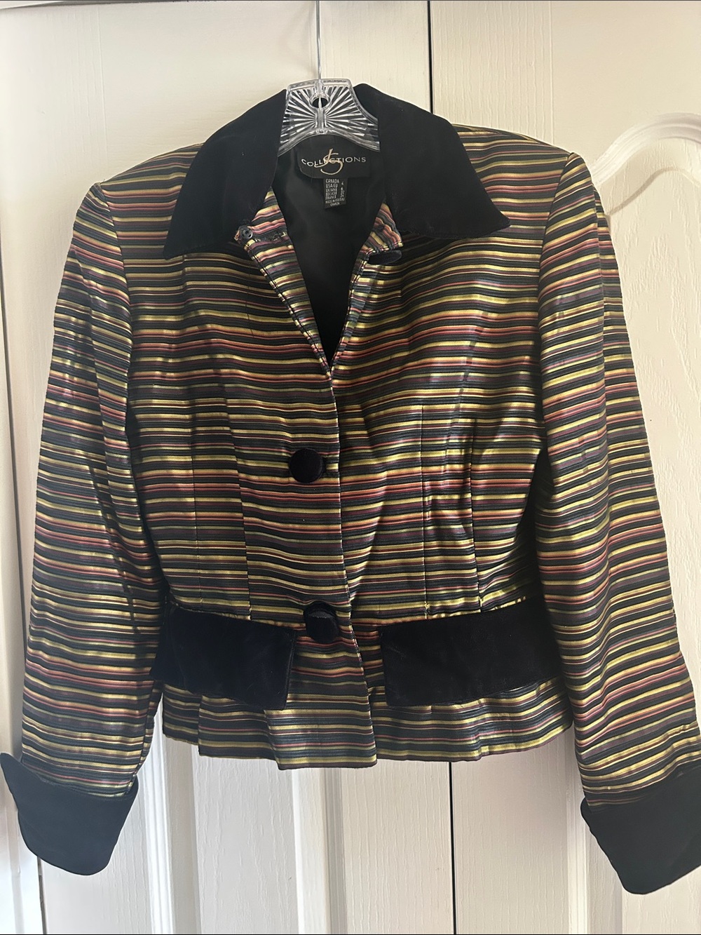 JS Collections Striped Satin Crop Jacket in Black, Gold, Red